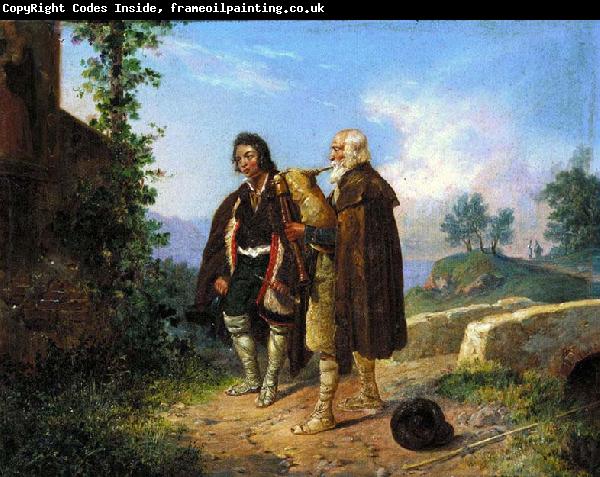 Ludwig Vogel Two peasants, one with the bagpipes by a bridge